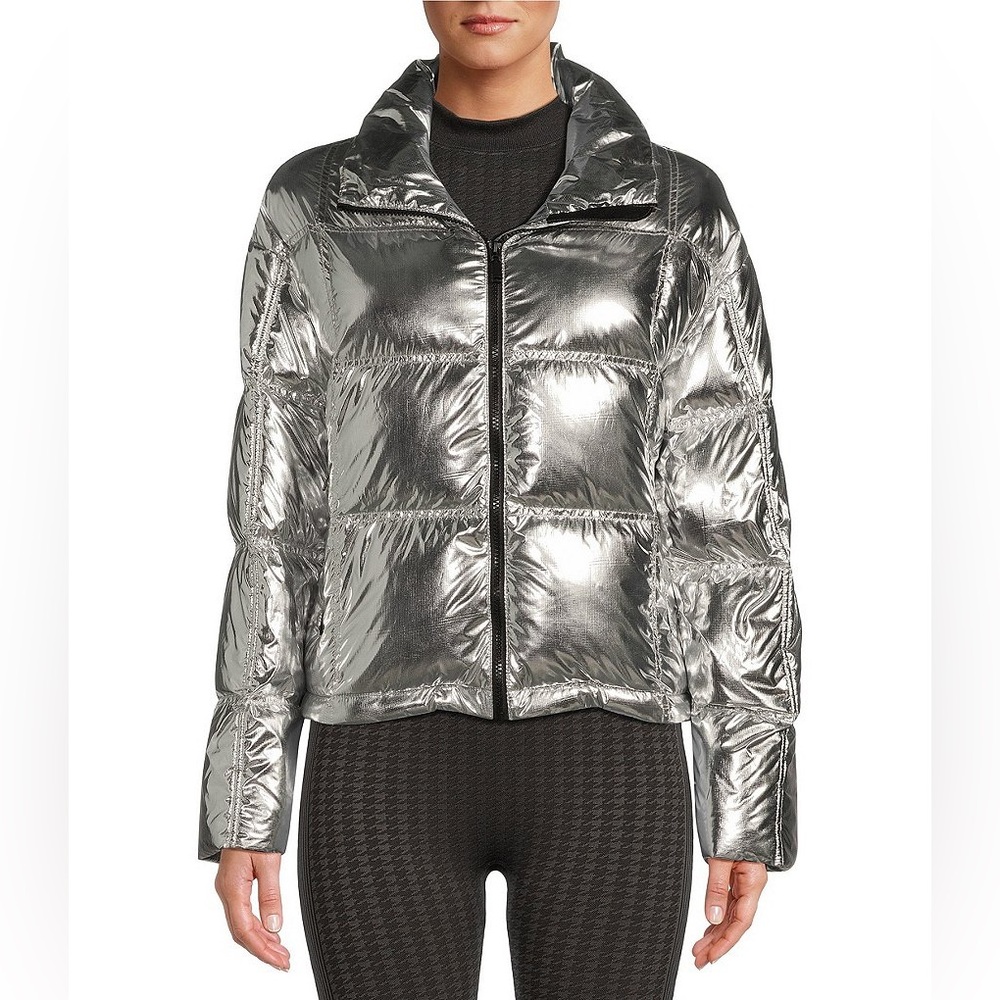 NWT Antonio Melani Stand Collar Front Zip Ski Puffer Jacket Sz M Metallic